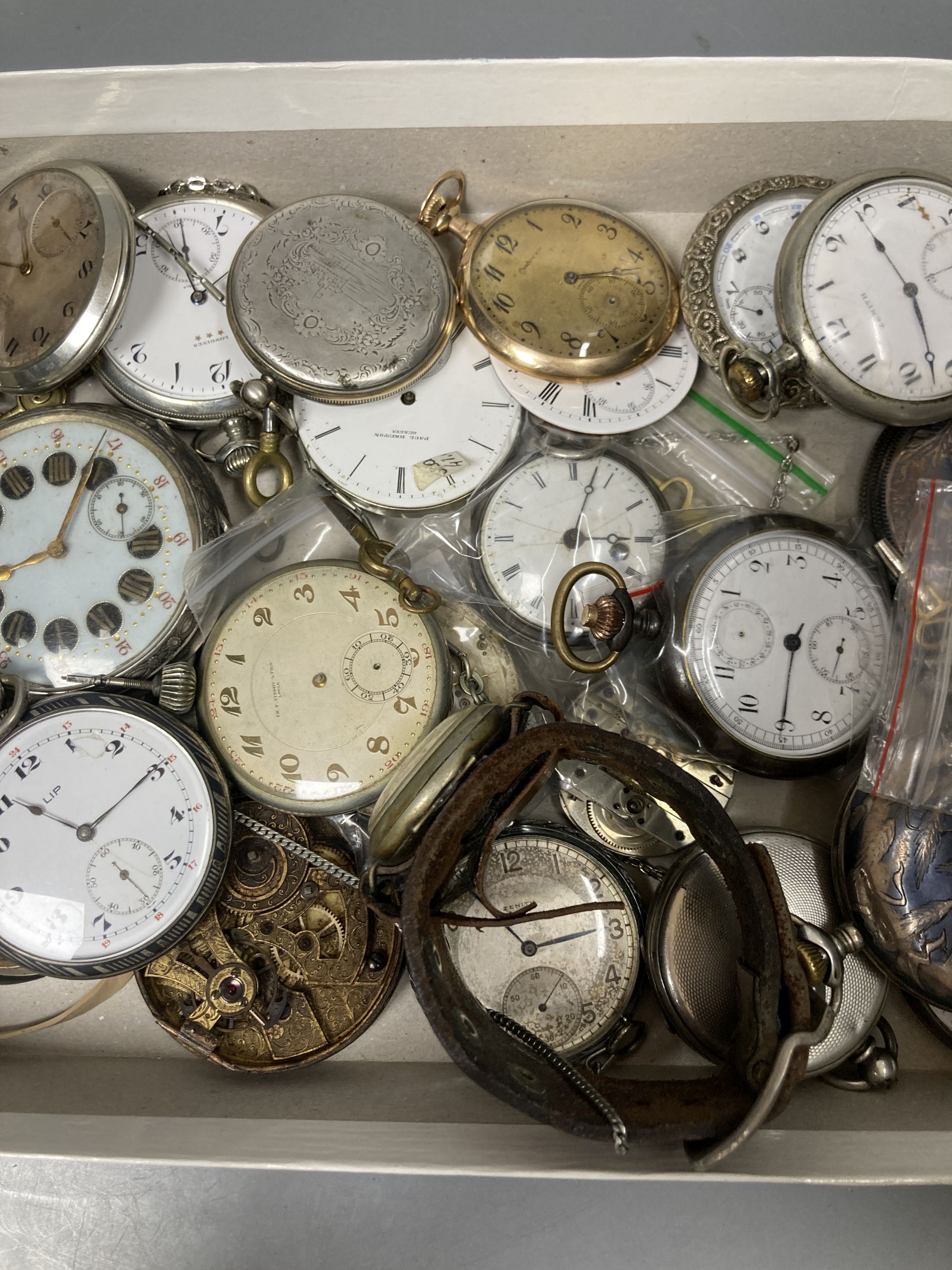 A collection of assorted mainly base metal pocket watches, movement etc. including niello, early 20th century wrist watch and a silver pair cased pocket watch (mainly a.f.).